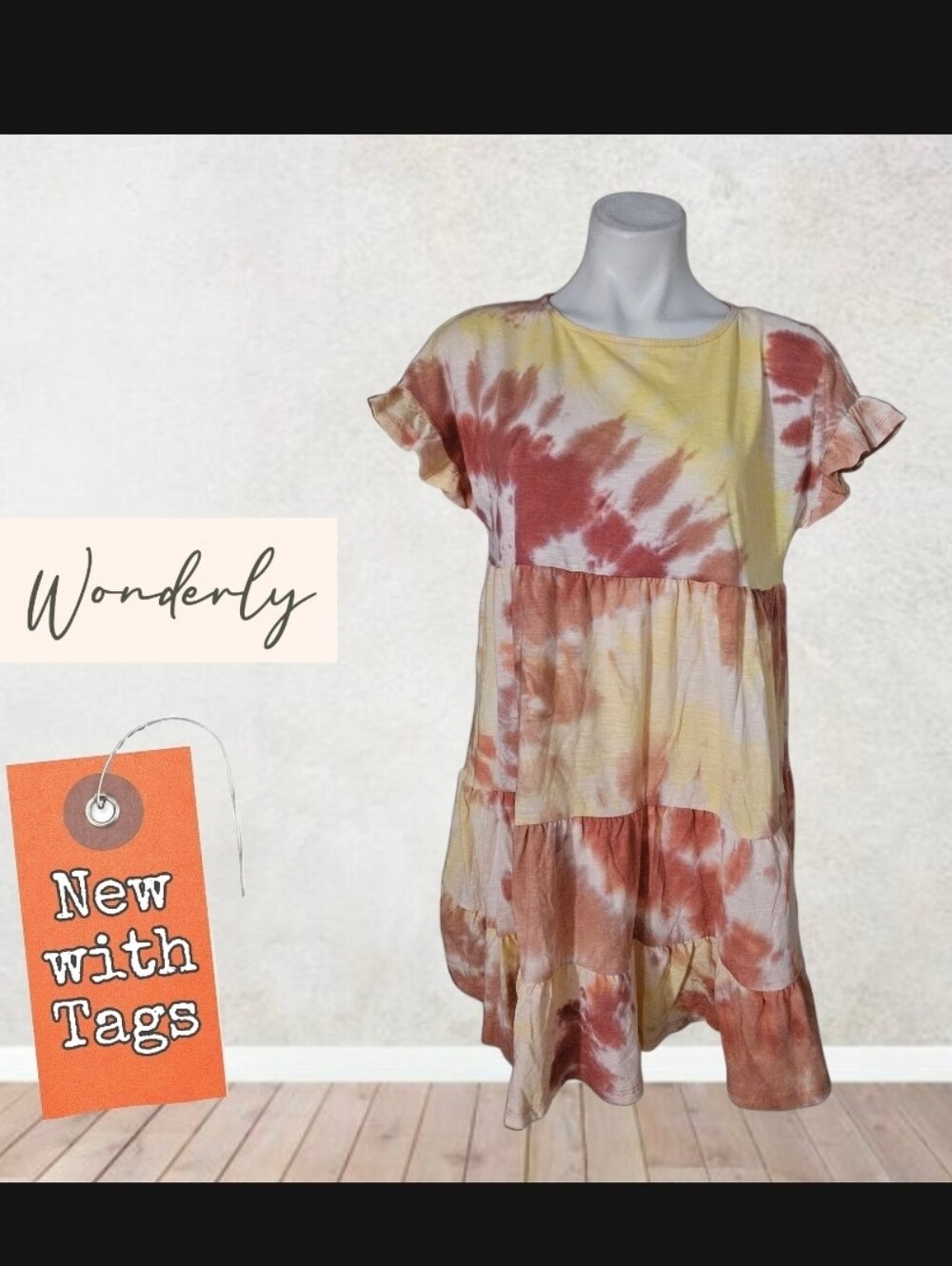 NWT/ Wonderly Tie-Dye Ruffle Sleeve Tiered Dress - Yellow & Rust Medium